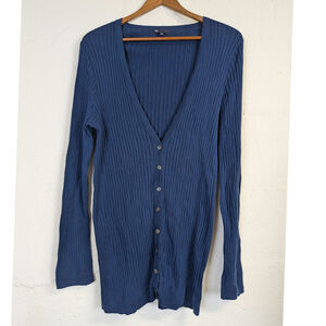 Gap Cardigan Sweater Womens XL Blue Silk Cotton Ribbed Knit Soft Cozy Grampa